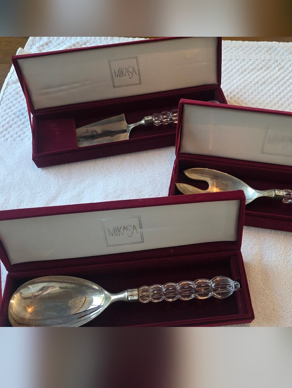 Set Of 3 Mikasa Silver Plated And Crystal Serving Utensils In Velvet Boxes
